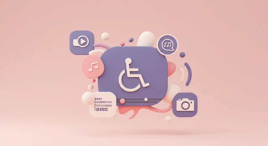 An abstract image showing diverse media icons (play button, speaker, camera) surrounded by accessibility symbols like a universal access icon and a closed captioning symbol, all seamlessly integrated.