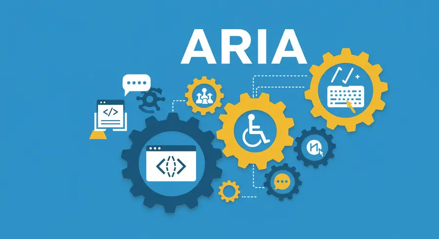 A graphic representing ARIA (Accessible Rich Internet Applications) with interlocking gears and accessibility symbols, showing how ARIA attributes enhance web elements for users with disabilities.