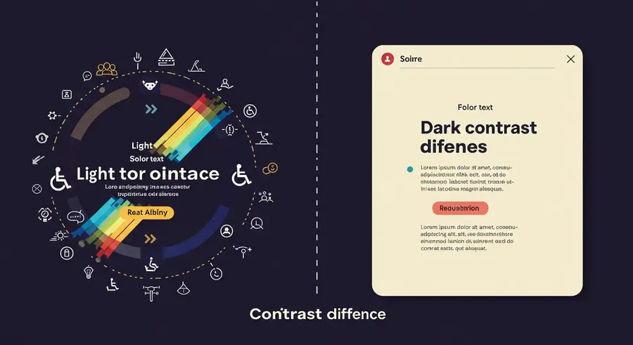 A vibrant illustration showing a light text on a dark background and a dark text on a light background, with a spectrum of colors highlighting the contrast difference. There are accessibility icons subtly integrated, representing visual impairment and readability.
